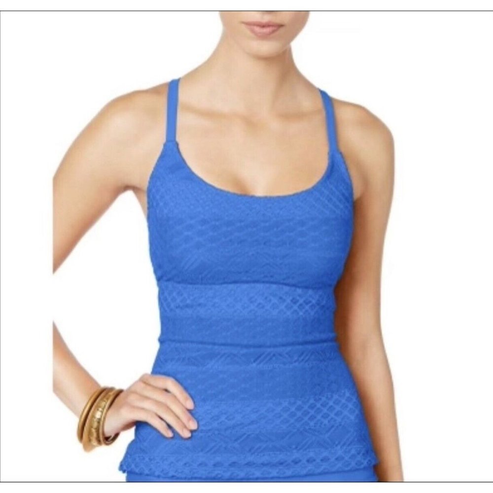 NWT Island Escape Tankini Swim Top Size 8 Strappy Add a Size Bust Enhancer Blue